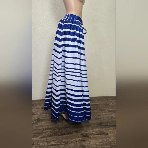 NF Striped 100% Cotton Box Pleated Maxi Skirt Blue/ White One Size Whit Pockets - Picture 3 of 16